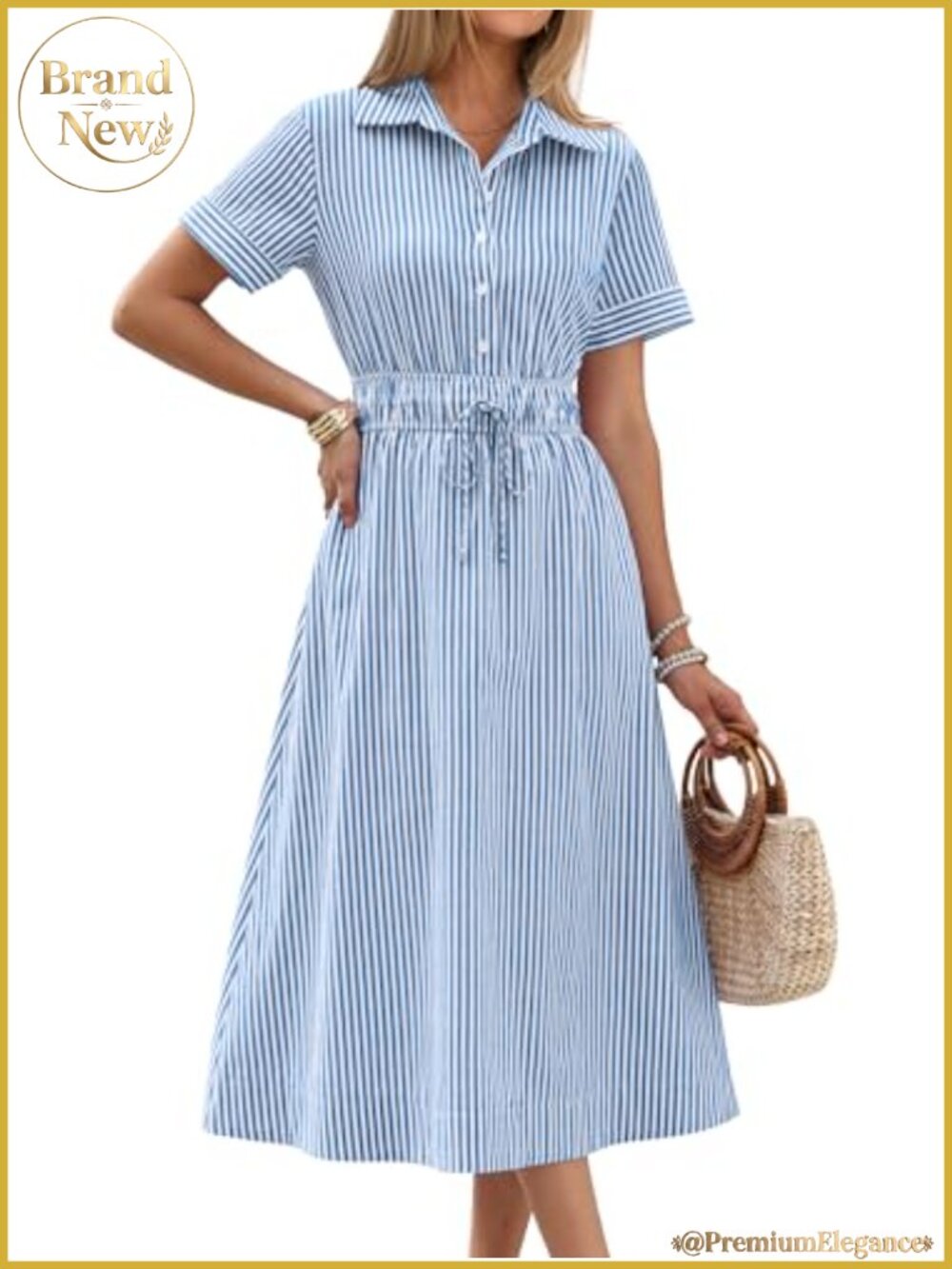 Women's Midi Shirt Dress with Collar, Button Front, Short Sleeve, Elastic